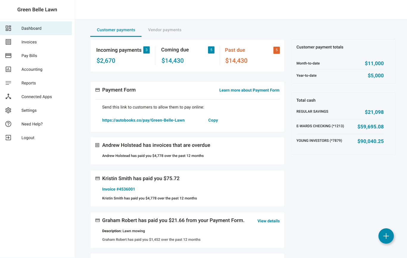 View of the Autobooks Dashboard
